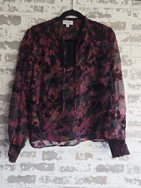 Evereve Tops - EVEREVE Floral Burnout Velvet Sheer Blouse Smocked Yoke Purple Pink Medium